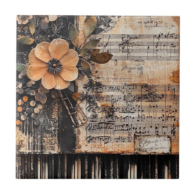 Floral with Rustic Piano Keys & Aged Music Sheet 2 Ceramic Tile (Front)