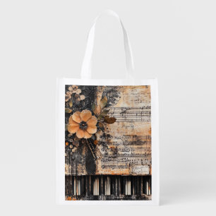 Floral with Rustic Piano Keys & Aged Music Sheet 2 Grocery Bag
