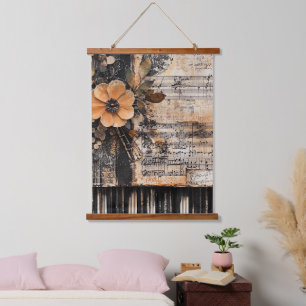 Floral with Rustic Piano Keys & Aged Music Sheet 2 Hanging Tapestry