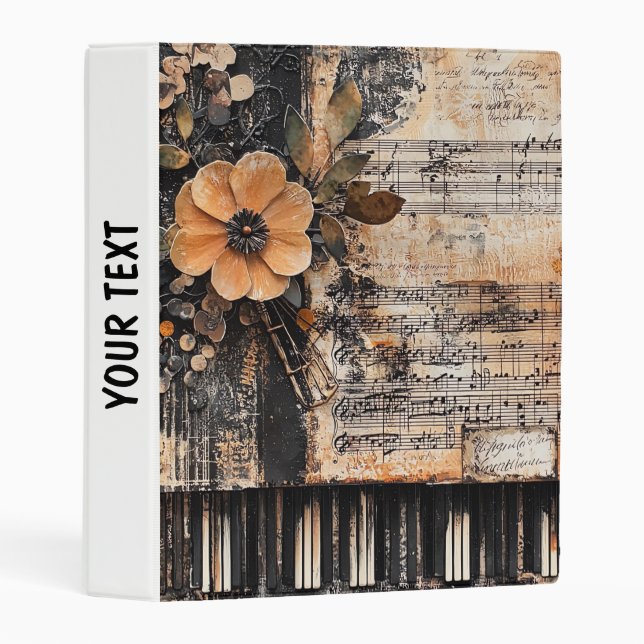 Floral with Rustic Piano Keys & Aged Music Sheet 2 Mini Binder (Front/Spine)