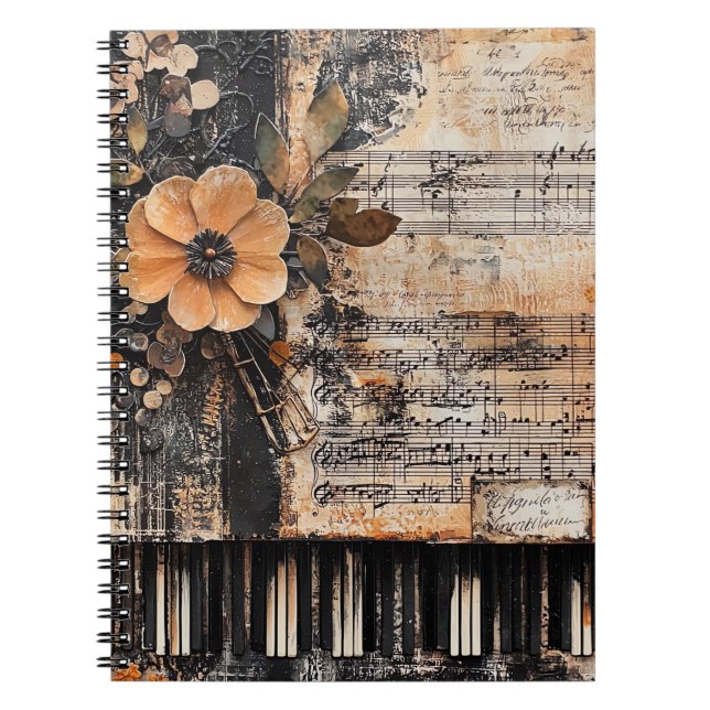 Floral with Rustic Piano Keys & Aged Music Sheet 2 Notebook (Front)