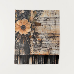 Floral with Rustic Piano Keys & Aged Music Sheet 2 Tapestry