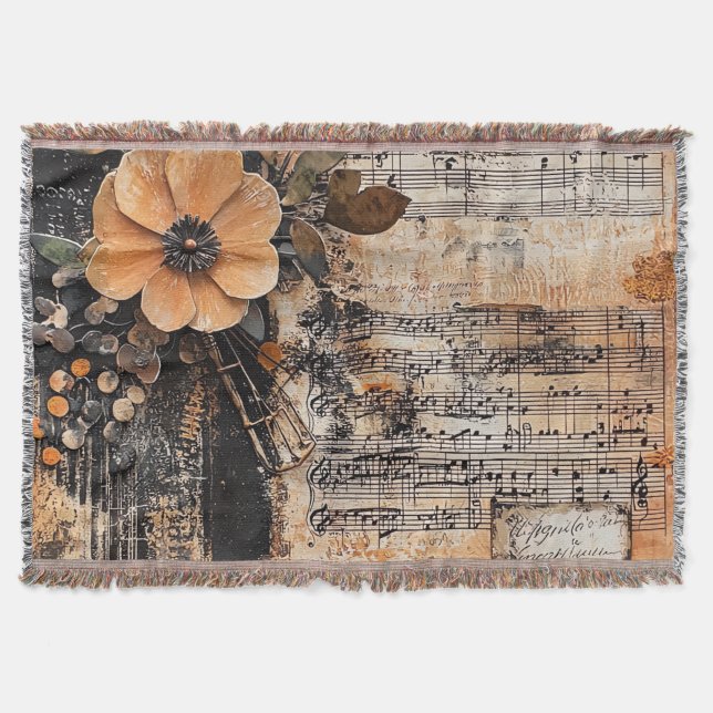 Floral with Rustic Piano Keys & Aged Music Sheet 2 Throw Blanket (Front)