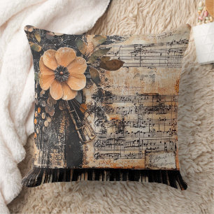 Floral with Rustic Piano Keys & Aged Music Sheet 2 Throw Pillow