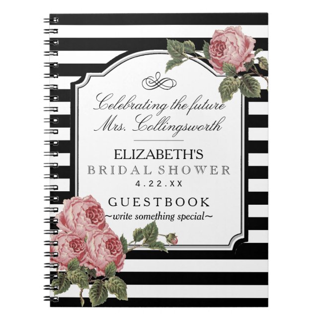 Floral With Stripes Girly Bridal Shower Guestbook Notebook (Front)
