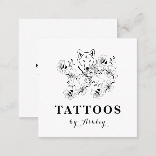 Floral Wolf Face Drawn Black  White Tattoo Artist Square Business Card