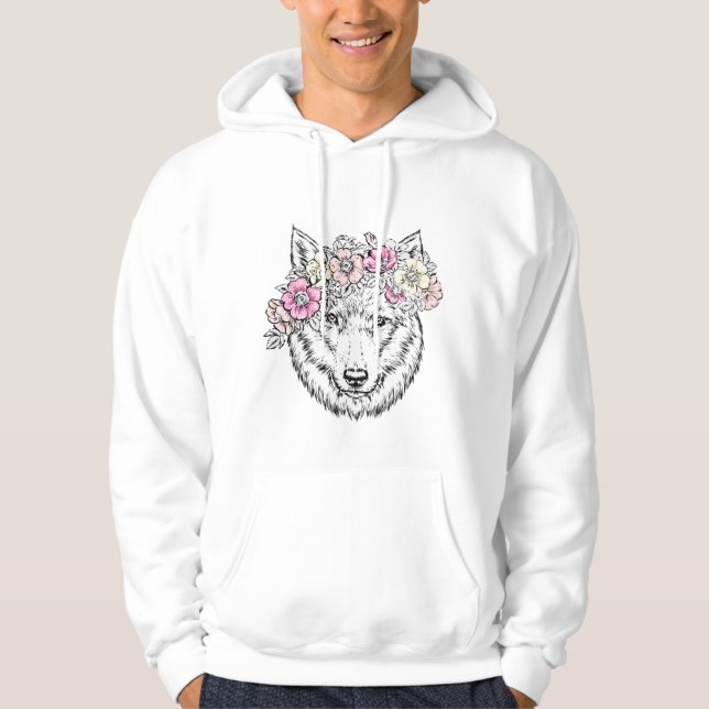 Floral Wolf Line Art – Boho Wild Animal with Flowe Hoodie (Front)