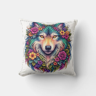 Floral Wolf Pillow – Boho Nature Animal Decor