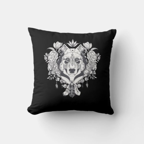 Floral Wolf Vintage Flowers Wolf Face for Wolves L Throw Pillow