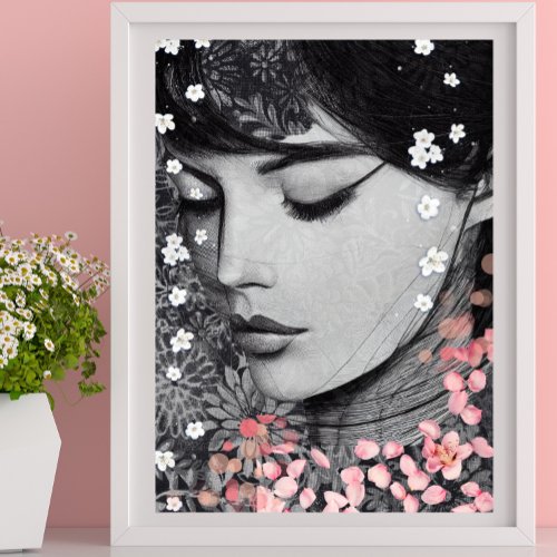 Floral Woman Botanical pink  Fantasy Pop Art  Poster