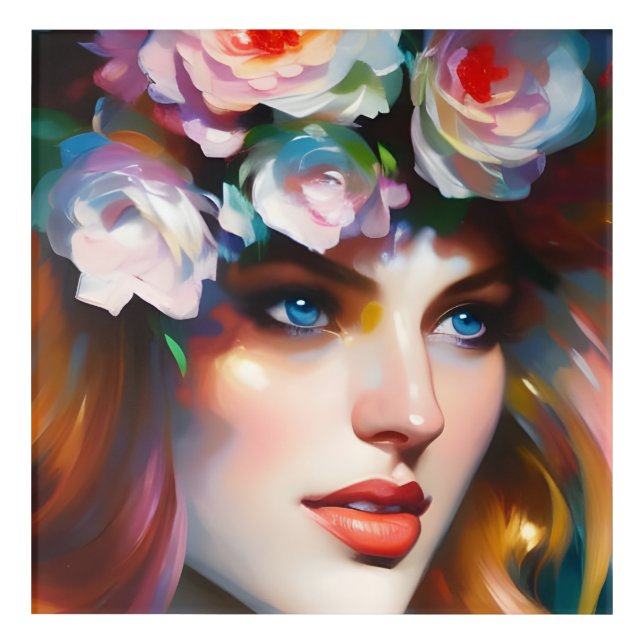 Floral Woman Portrait Painting Acrylic Print (Front)