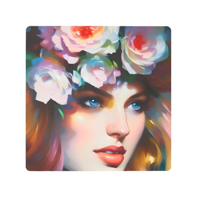 Floral Woman Portrait Painting Metal Print (Front)