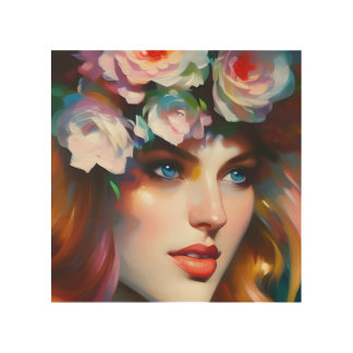 Floral Woman Portrait Painting Wood Wall Art