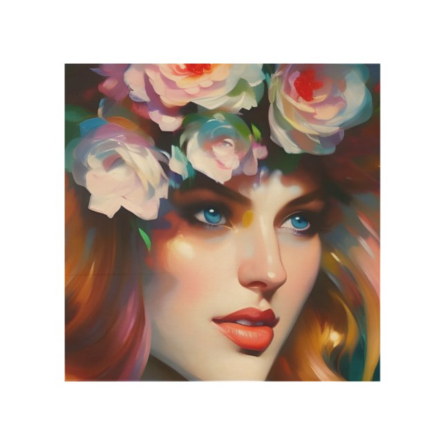 Floral Woman Portrait Painting Wood Wall Art (Front)