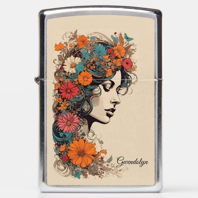 Floral Woman Portrait Personalized Zippo Lighter (Front)