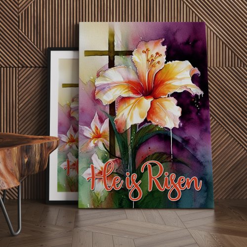 Floral Wood Christian Cross He is Risen Easter Ca Canvas Print
