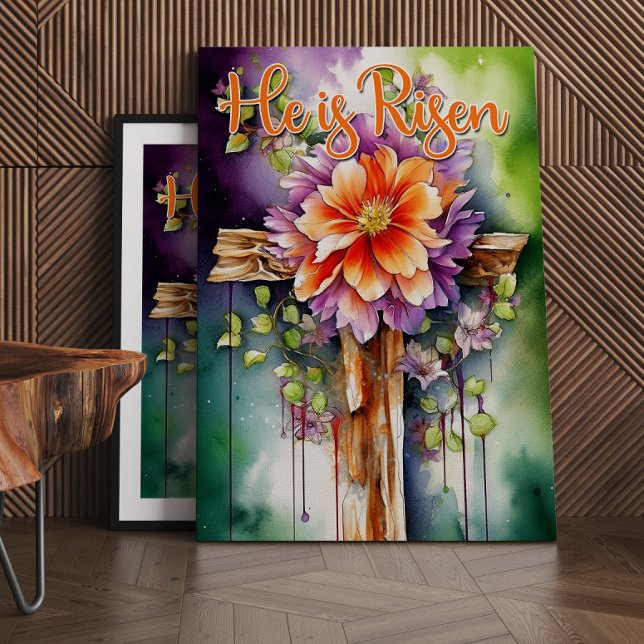 Floral Wood Christian Cross, He is Risen Easter Ca Canvas Print (Creator Uploaded)