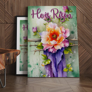 Floral Wood Christian Cross, He is Risen Easter Canvas Print