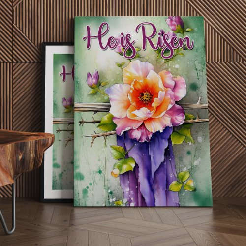 Floral Wood Christian Cross He is Risen Easter Canvas Print