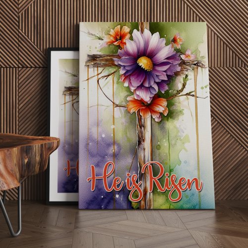 Floral Wood Christian Cross He is Risen Easter Canvas Print