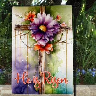 Floral Wood Christian Cross, He is Risen Easter Garden Flag
