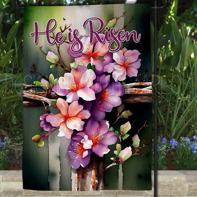 Floral Wood Christian Cross, He is Risen Easter Garden Flag (Creator Uploaded)