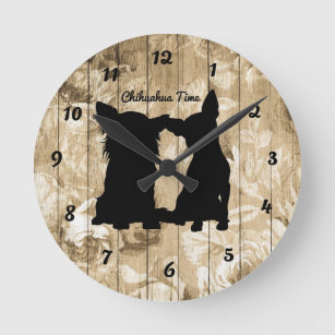 Floral Wood Faux Chihuahua Silhouette Wall Clock