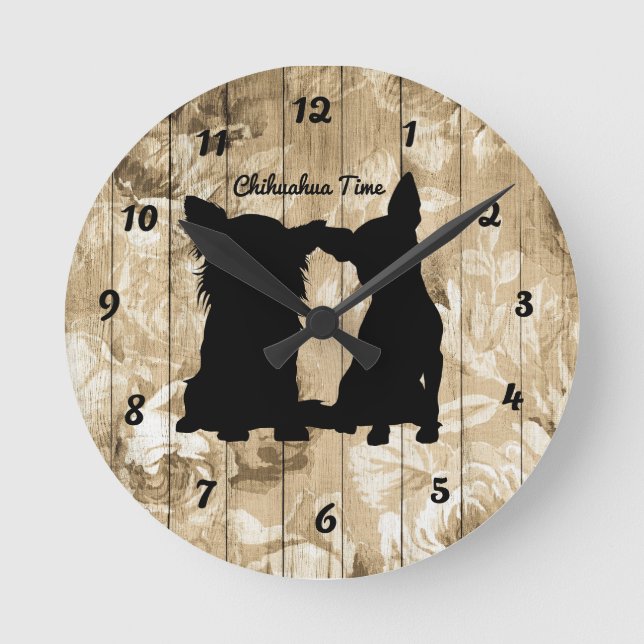 Floral Wood Faux Chihuahua Silhouette Wall Clock (Front)