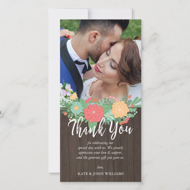 Floral & Wood Grain Wedding Photo Thank You (Front)
