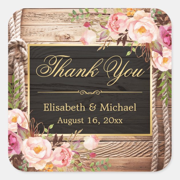 Floral Wood Rustic Country Gold Frame Thank You Square Sticker