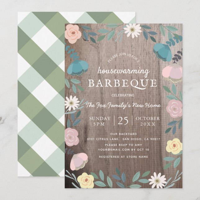 Floral Wood Rustic Housewarming BBQ Invitation (Front/Back)