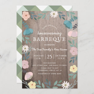Floral Wood Rustic Housewarming BBQ Invitation