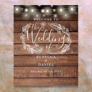 Floral Wood String Lights Wedding Welcome Sign