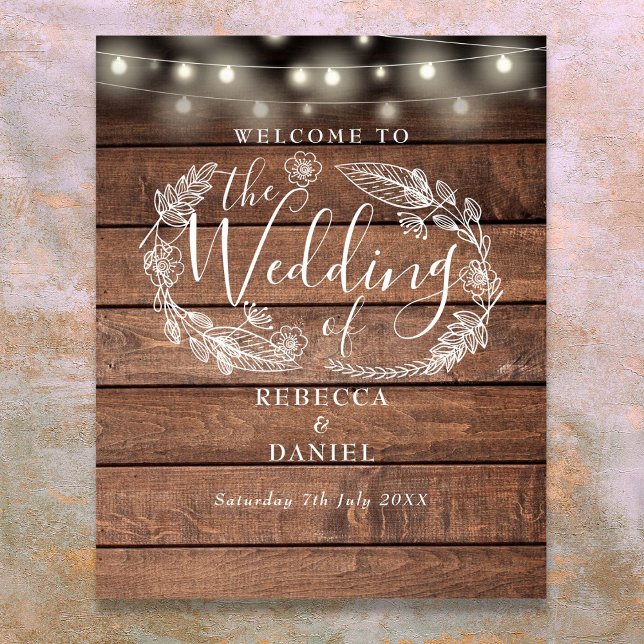 Floral Wood String Lights Wedding Welcome Sign (Floral Wood String Lights Wedding Welcome Sign)