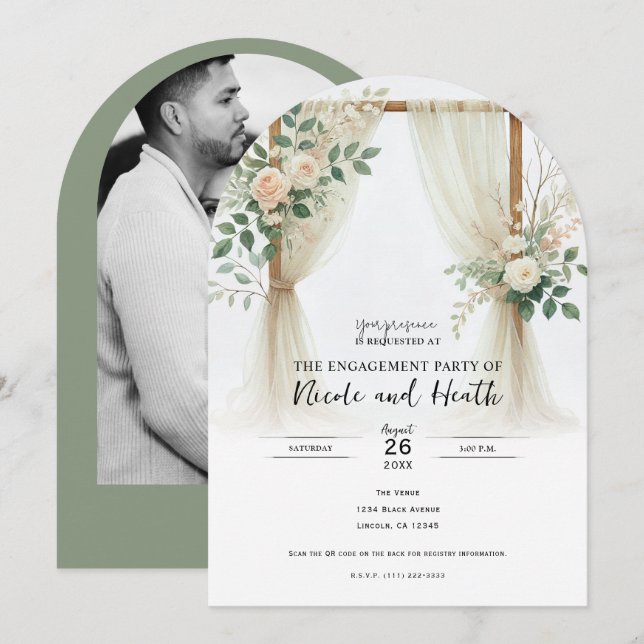 Floral Wooden Arch Greenery Roses Engagement Invitation (Front/Back)