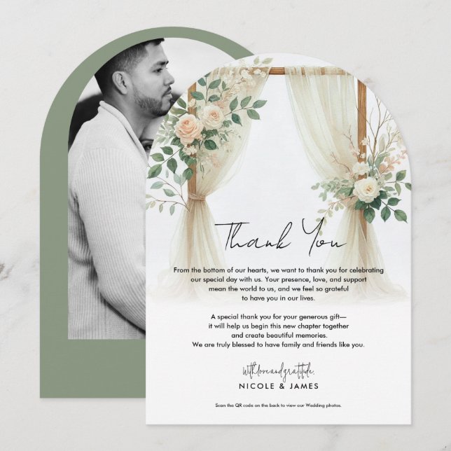 Floral Wooden Arch Greenery Roses Rustic Thank You Invitation (Front/Back)