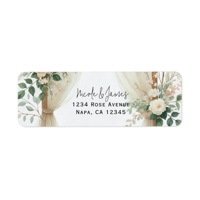 Floral Wooden Arch Greenery Roses Rustic Wedding Label (Front)