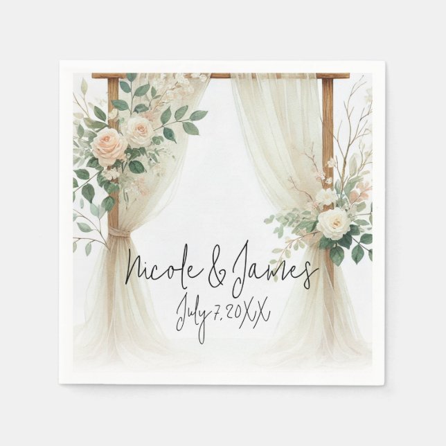 Floral Wooden Arch Greenery Roses Rustic Wedding Napkins (Front)