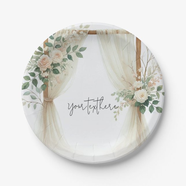 Floral Wooden Arch Greenery Roses Rustic Wedding Paper Plates (Front)