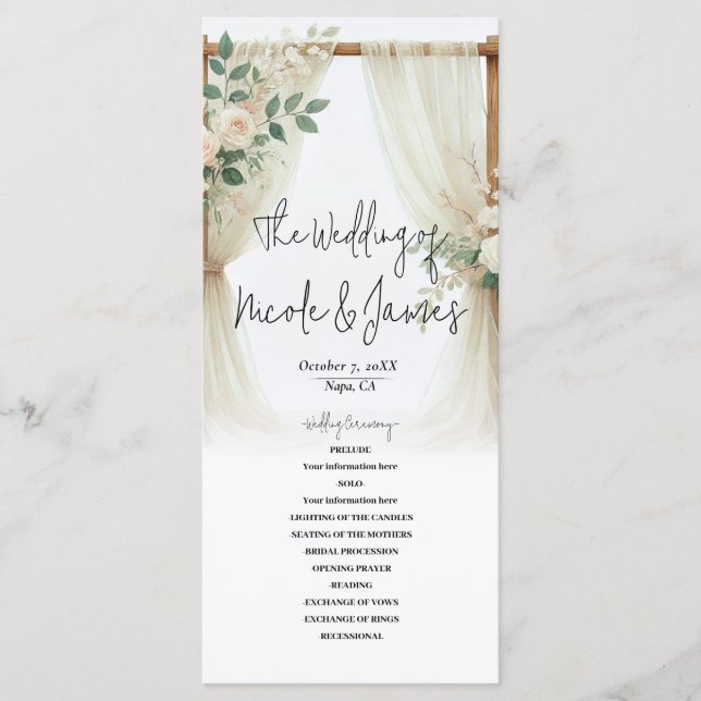 Floral Wooden Arch Greenery Roses Wedding Program (Front)