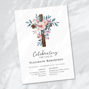 Floral Wooden Cross Funeral Invitation