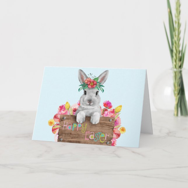 Floral Wooden Sign Easter Bunny Holiday Card (Front)