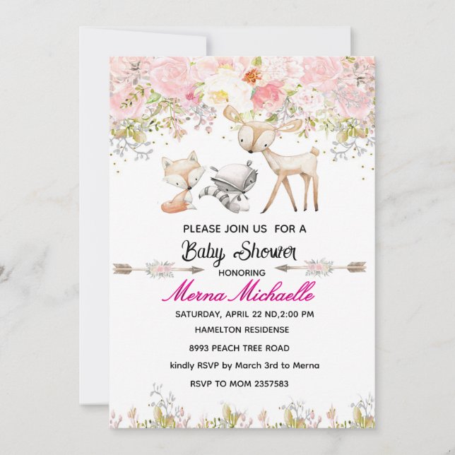 floral woodland animal baby shower invitation (Front)