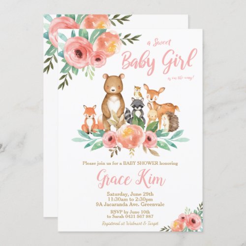 Floral Woodland Animals Baby Shower Forest Girl Invitation