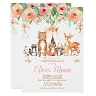 Floral Woodland Animals Baby Shower Forest Girl Invitation
