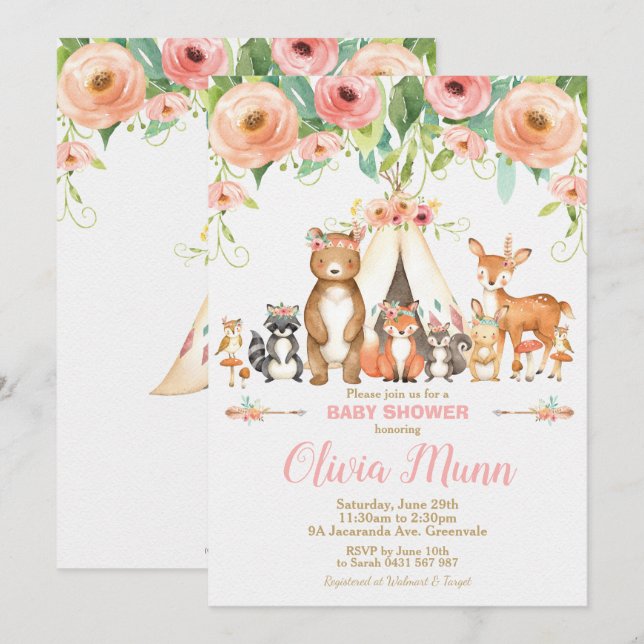 Floral Woodland Animals Baby Shower Forest Girl Invitation (Front/Back)