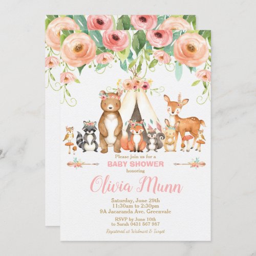 Floral Woodland Animals Baby Shower Forest Girl Invitation