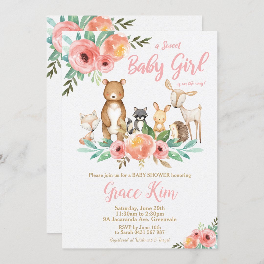 Floral Woodland Animals Baby Shower Forest Girl Invitation | Zazzle