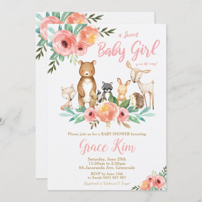 Floral Woodland Animals Baby Shower Forest Girl Invitation