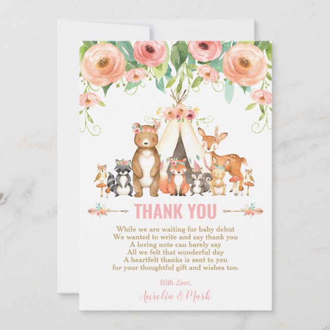 Floral Woodland Animals Baby Shower Forest Girl Thank You Card (Front)